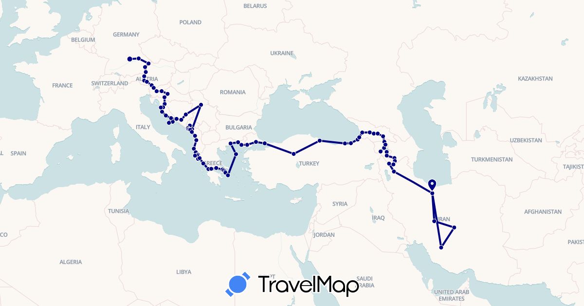 TravelMap itinerary: driving in Albania, Armenia, Austria, Bosnia and Herzegovina, Germany, Georgia, Greece, Croatia, Iran, Montenegro, Serbia, Slovenia, Turkey (Asia, Europe)